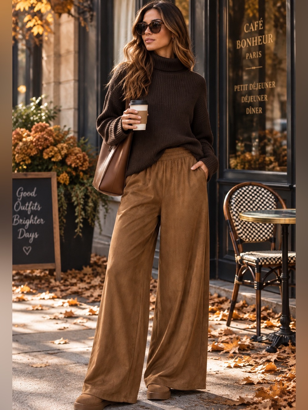 Faux suede Wide Leg Pull-On Pants in Chestnut Brown